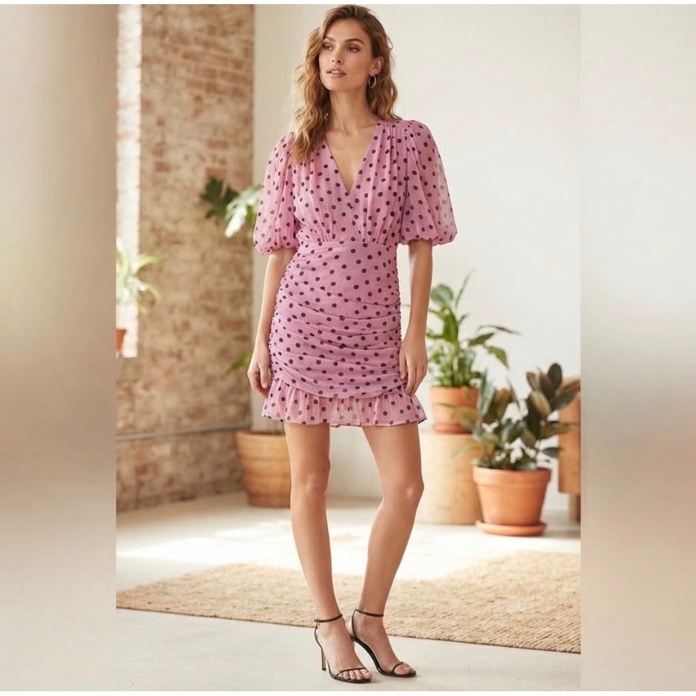 Chic Tiered Mini Dress Size 0 Pink Polka Dot Ruched Puff Sleeve V-Neck Chiffon